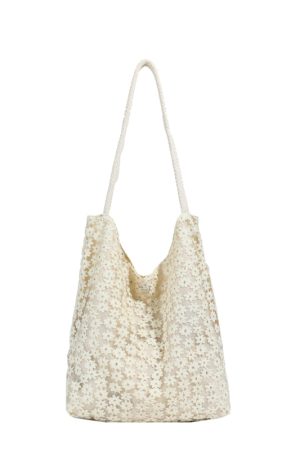 Korean-Style Chic Crochet Mesh Bag for Women, Handmade Woven Hollow Shoulder Tote, Large Summer Beach Bag