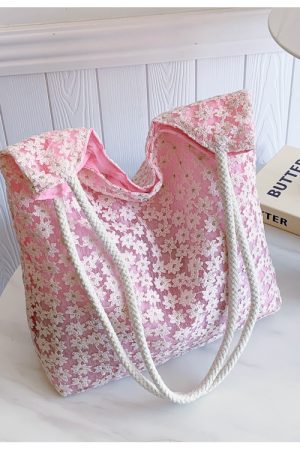 Korean-Style Chic Crochet Mesh Bag for Women, Handmade Woven Hollow Shoulder Tote, Large Summer Beach Bag