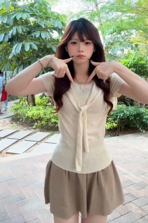 Korean Style College Two-Piece Set for Women - Slim Fit Knitted Top with Shawl & Slimming Skirt - Summer New Arrival