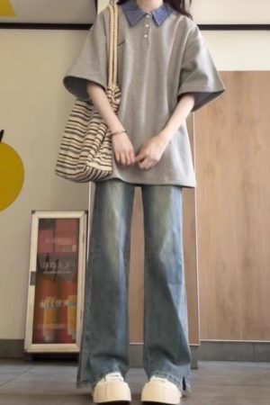 Korean-Style Color-Blocked Patchwork Plaid Polo T-Shirt for Girls - Short Sleeve Summer Top for Middle and High School Students - Gray