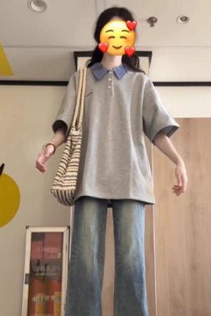 Korean-Style Color-Blocked Patchwork Plaid Polo T-Shirt for Girls - Short Sleeve Summer Top for Middle and High School Students - Gray