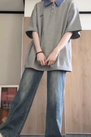 Korean-Style Color-Blocked Patchwork Plaid Polo T-Shirt for Girls - Short Sleeve Summer Top for Middle and High School Students - Gray