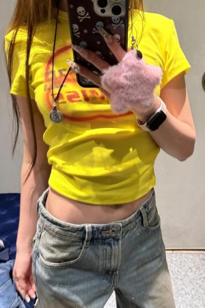 Korean Style Color-Blocking Letter Print Fitted Short-Sleeve Cotton T-Shirt for Women - High-Stretch Slim Fit 25SS