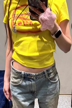 Korean Style Color-Blocking Letter Print Fitted Short-Sleeve Cotton T-Shirt for Women - High-Stretch Slim Fit 25SS