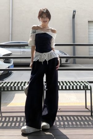 Korean-Style Color-Blocking One-Shoulder Sports Suit for Women, Summer Ruffled Hem Top & Curved Pants Two-Piece Set