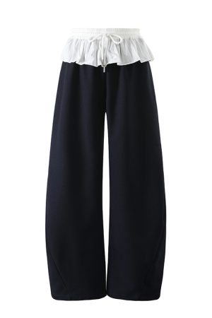 Korean-Style Color-Blocking One-Shoulder Sports Suit for Women, Summer Ruffled Hem Top & Curved Pants Two-Piece Set