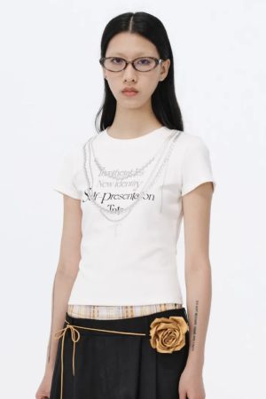 Korean Style Creative Pearl Necklace Slogan Short-Sleeved Slim-Fit High-Stretch Cotton T-Shirt