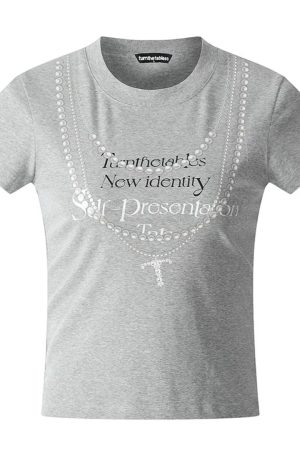 Korean Style Creative Pearl Necklace Slogan Short-Sleeved Slim-Fit High-Stretch Cotton T-Shirt