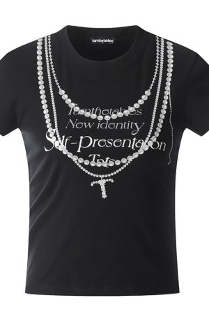 Korean Style Creative Pearl Necklace Slogan Short-Sleeved Slim-Fit High-Stretch Cotton T-Shirt