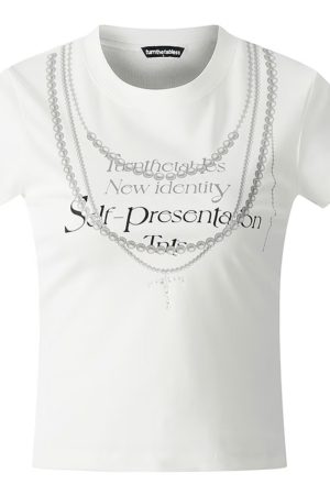 Korean Style Creative Pearl Necklace Slogan Short-Sleeved Slim-Fit High-Stretch Cotton T-Shirt