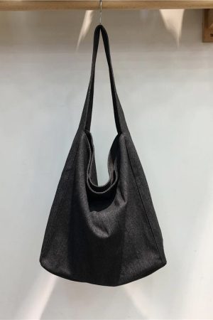 Korean-Style Denim Canvas Tote Bag - Casual Minimalist Large Capacity Shoulder Bag for Students and Everyday Use