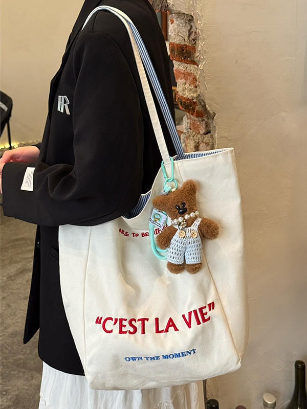 Korean Style Double-Sided Embroidered Canvas Shoulder Bag for Women - Large Capacity Casual Striped Tote for Commuting Korean Style Double-Sided Embroidered Canvas Shoulder Bag for Women - Large Capacity Casual Striped Tote for Commuting