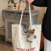 Korean Style Double-Sided Embroidered Canvas Shoulder Bag for Women - Large Capacity Casual Striped Tote for Commuting