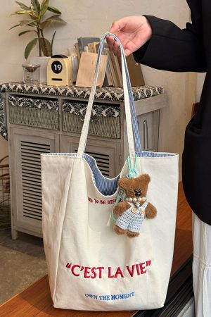 Korean Style Double-Sided Embroidered Canvas Shoulder Bag for Women - Large Capacity Casual Striped Tote for Commuting