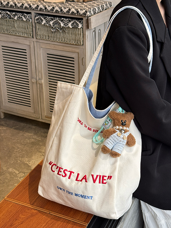 Korean Style Double-Sided Embroidered Canvas Shoulder Bag for Women - Large Capacity Casual Striped Tote for Commuting Korean Style Double-Sided Embroidered Canvas Shoulder Bag for Women - Large Capacity Casual Striped Tote for Commuting