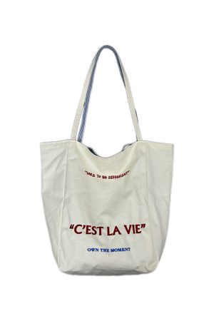 Korean Style Double-Sided Embroidered Canvas Shoulder Bag for Women - Large Capacity Casual Striped Tote for Commuting