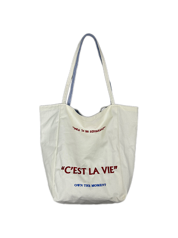 Korean Style Double-Sided Embroidered Canvas Shoulder Bag for Women - Large Capacity Casual Striped Tote for Commuting Korean Style Double-Sided Embroidered Canvas Shoulder Bag for Women - Large Capacity Casual Striped Tote for Commuting