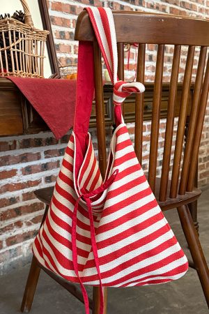 Korean Style Double-Sided Striped Canvas Tote Bag - Large Capacity Bow Shoulder Crossbody Bag for Casual Chic Looks