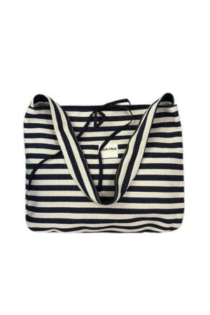 Korean Style Double-Sided Striped Canvas Tote Bag - Large Capacity Bow Shoulder Crossbody Bag for Casual Chic Looks