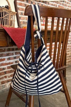 Korean Style Double-Sided Striped Canvas Tote Bag - Large Capacity Bow Shoulder Crossbody Bag for Casual Chic Looks