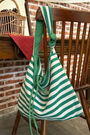 Korean Style Double-Sided Striped Canvas Tote Bag - Large Capacity Bow Shoulder Crossbody Bag for Casual Chic Looks