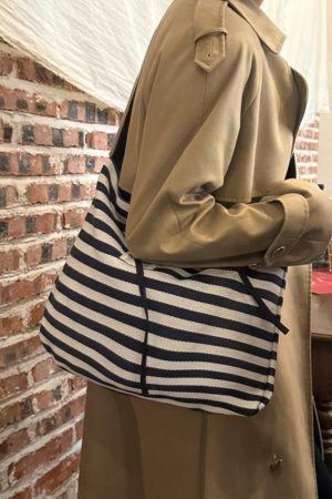 Korean Style Double-Sided Striped Canvas Tote Bag - Large Capacity Bow Shoulder Crossbody Bag for Casual Chic Looks