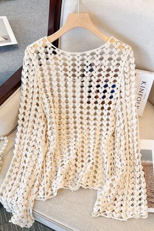 Korean Style Elegant Round Neck Hollow Out Long Sleeve Knitted Top with Built-In Padded Camisole - Summer Fashion Essential