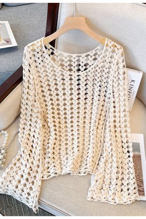 Korean Style Elegant Round Neck Hollow Out Long Sleeve Knitted Top with Built-In Padded Camisole - Summer Fashion Essential