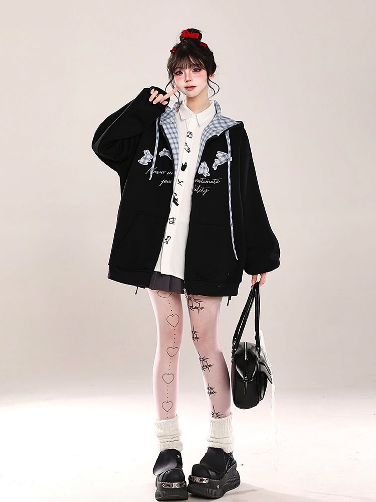 Korean-Style Embroidered Cardigan Hoodie for Women - Casual Loose Fit Spring Jacket, Trendy Age-Reducing Fashion Korean-Style Embroidered Cardigan Hoodie for Women - Casual Loose Fit Spring Jacket, Trendy Age-Reducing Fashion