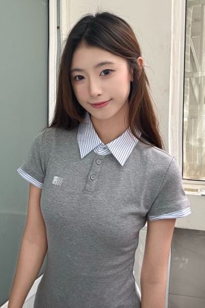 Korean Style Embroidered Polo Collar Short Sleeve T-Shirt for Women, Slim Fit Spliced Two-Piece Summer College Look