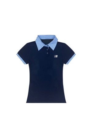 Korean Style Embroidered Polo Collar Short Sleeve T-Shirt for Women, Slim Fit Spliced Two-Piece Summer College Look