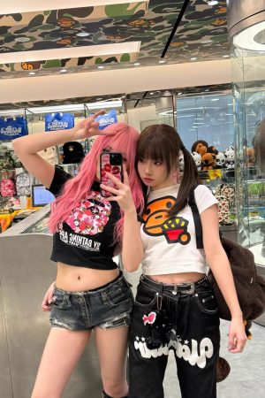 Korean Style Fun Fries Cartoon Print Slim Fit Cotton Top for Spicy Girls - High Elastic Short Sleeve Shirt