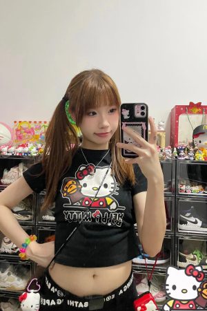 Korean Style Fun Fries Cartoon Print Slim Fit Cotton Top for Spicy Girls - High Elastic Short Sleeve Shirt