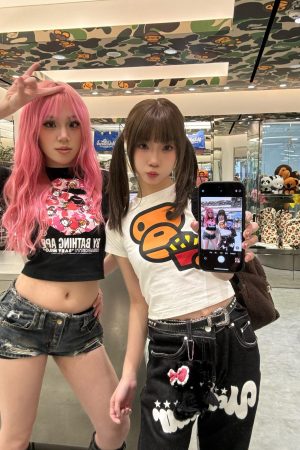 Korean Style Fun Fries Cartoon Print Slim Fit Cotton Top for Spicy Girls - High Elastic Short Sleeve Shirt