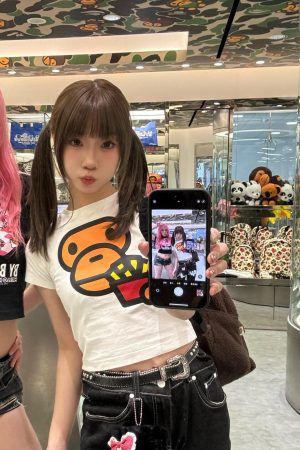 Korean Style Fun Fries Cartoon Print Slim Fit Cotton Top for Spicy Girls - High Elastic Short Sleeve Shirt