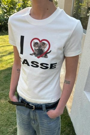 Korean Style Heart Cat Cartoon Print Slim Fit Pure Cotton High Stretch Short Sleeve T-Shirt for Women