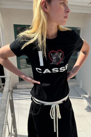 Korean Style Heart Cat Cartoon Print Slim Fit Pure Cotton High Stretch Short Sleeve T-Shirt for Women