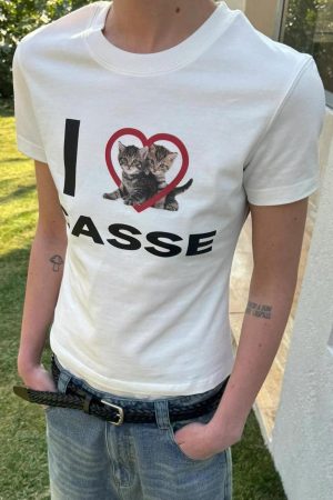 Korean Style Heart Cat Cartoon Print Slim Fit Pure Cotton High Stretch Short Sleeve T-Shirt for Women