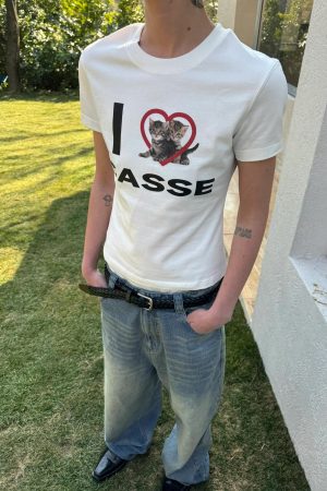 Korean Style Heart Cat Cartoon Print Slim Fit Pure Cotton High Stretch Short Sleeve T-Shirt for Women