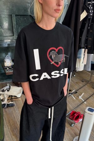 Korean Style Heart-Shaped Sausage Dog Cartoon Print Casual Loose Cotton Short Sleeve T-Shirt Top for Everyday Wear