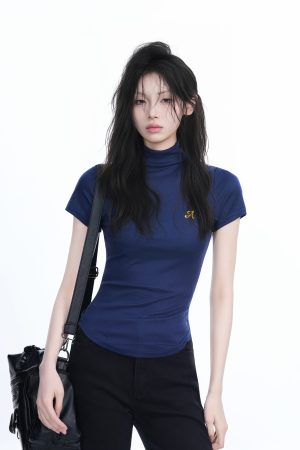 Korean-Style High-Neck Embroidered Short Sleeve T-Shirt for Women â€“ Trendy Fitted Top for Spicy Y2K Fashion Lovers
