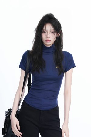 Korean-Style High-Neck Embroidered Short Sleeve T-Shirt for Women â€“ Trendy Fitted Top for Spicy Y2K Fashion Lovers