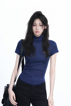 Korean-Style High-Neck Embroidered Short Sleeve T-Shirt for Women â€“ Trendy Fitted Top for Spicy Y2K Fashion Lovers