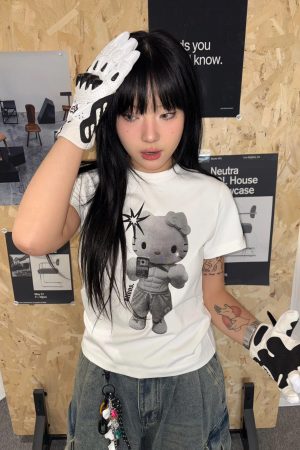 Korean Style Kitty Cartoon Print Fitted Cotton Fitness Top - High Elastic Slim Short Sweet Girl's Tee