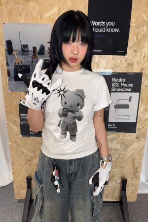 Korean Style Kitty Cartoon Print Fitted Cotton Fitness Top - High Elastic Slim Short Sweet Girl's Tee