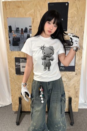 Korean Style Kitty Cartoon Print Fitted Cotton Fitness Top - High Elastic Slim Short Sweet Girl's Tee