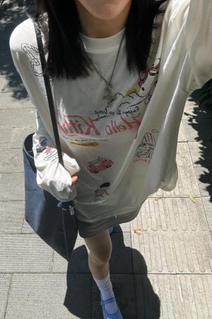 Korean Style Kitty Cat Print Casual Loose Long Sleeve Cotton Shirt for Women - Versatile Everyday Top