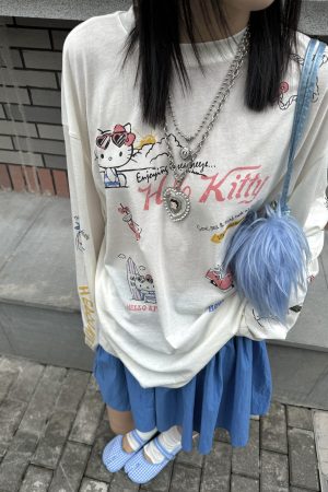 Korean Style Kitty Cat Print Casual Loose Long Sleeve Cotton Shirt for Women - Versatile Everyday Top