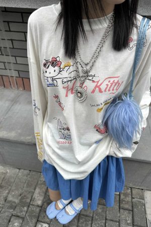 Korean Style Kitty Cat Print Casual Loose Long Sleeve Cotton Shirt for Women - Versatile Everyday Top