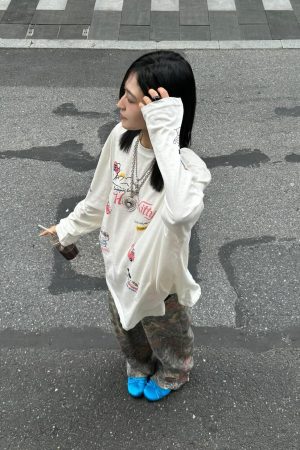 Korean Style Kitty Cat Print Casual Loose Long Sleeve Cotton Shirt for Women - Versatile Everyday Top